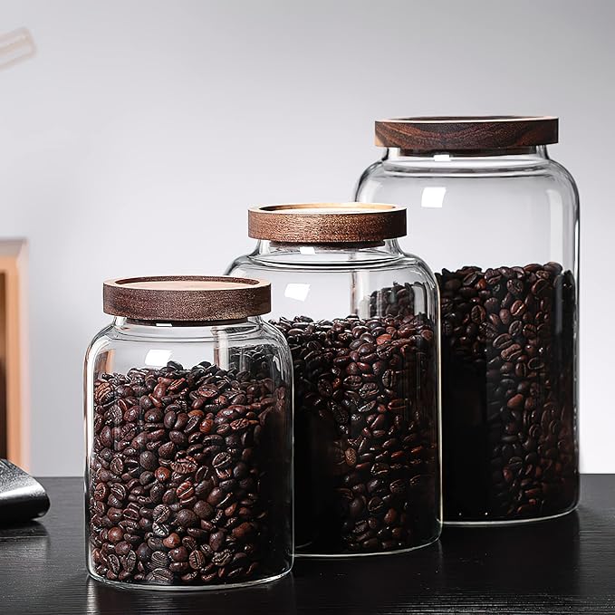 MOLFUJ 2000ML 66FL Oz Glass Storage Container with Wood Lid Large Decorative Organizer Bottle Canister Pantry Jar with Air Tight Wooden Lid for Food Coffee Candy Cereal Rice Flour Pop Spaghetti