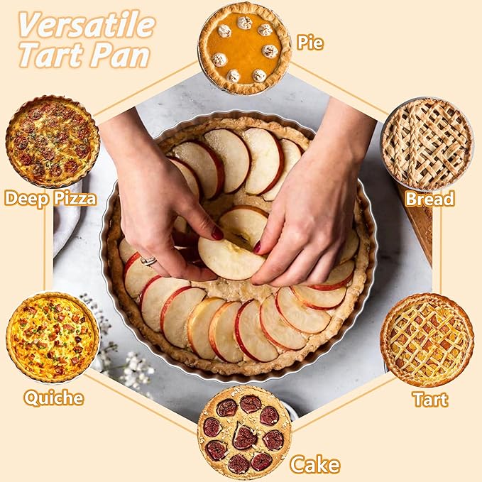 TeamFar 2 Pack Tart Pans, 9.5 Inch Stainless Steel Round Tart Pie Pan, Metal Quiche Baking Dish with Fluted Side for Baking Fruit Tarts, Quiches, Pies, Mousse Cakes, Heavy Duty & Dishwasher Safe