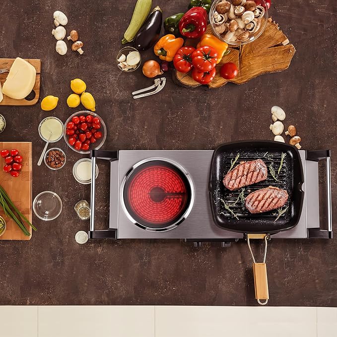 Techwood Electric Stove, Double Infrared Ceramic Hot Plate for Cooking, Two Control Cooktop Burner, Portable Anti-scald handles Suitable for Office/Home/Camp Use, 1800W Compatible for All Cookwares