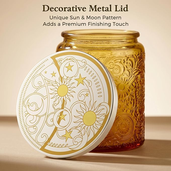 Art Secret 9-Pack 8oz Embossed Glass Candle Jars with Lids and Labels - Sun Moon Stars Design (Purple)