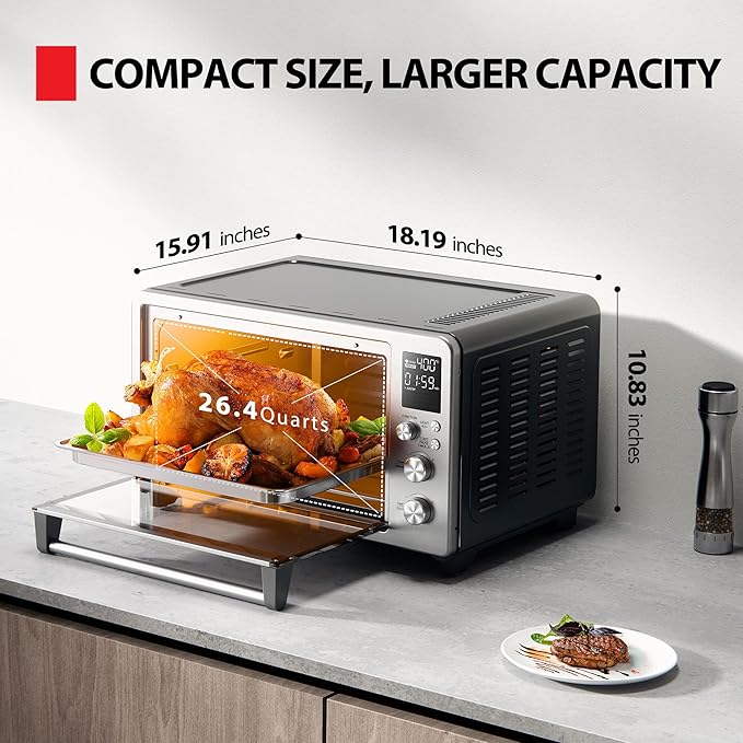 TOSHIBA ChefFry Air Fryer Toaster Oven Combo with Toast, Bake, Broil, Pizza & Dehydrate, 26.4-Quart Capacity, Stainless Steel
