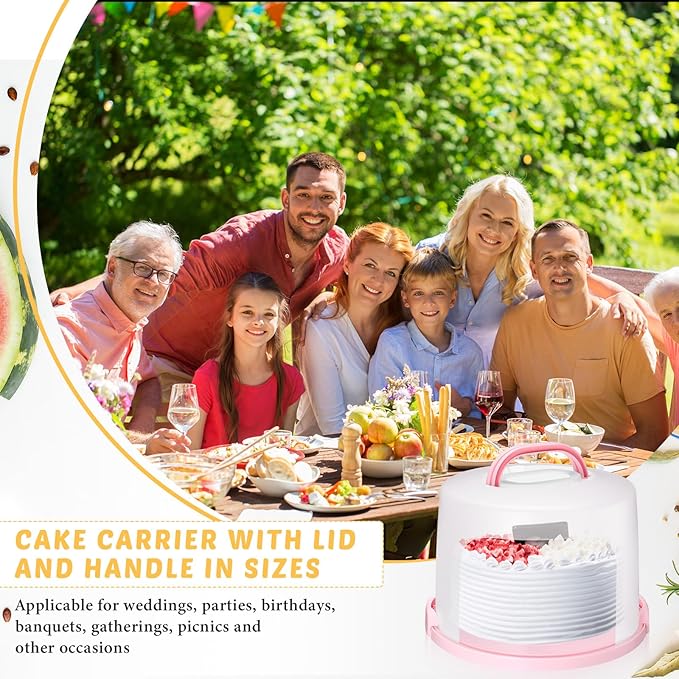 Baderke 10 Inch Round Cake Carrier with Lid and Handle - Two Sided Cake Holder & Box for Transport, Pie, Cupcake(Pink)