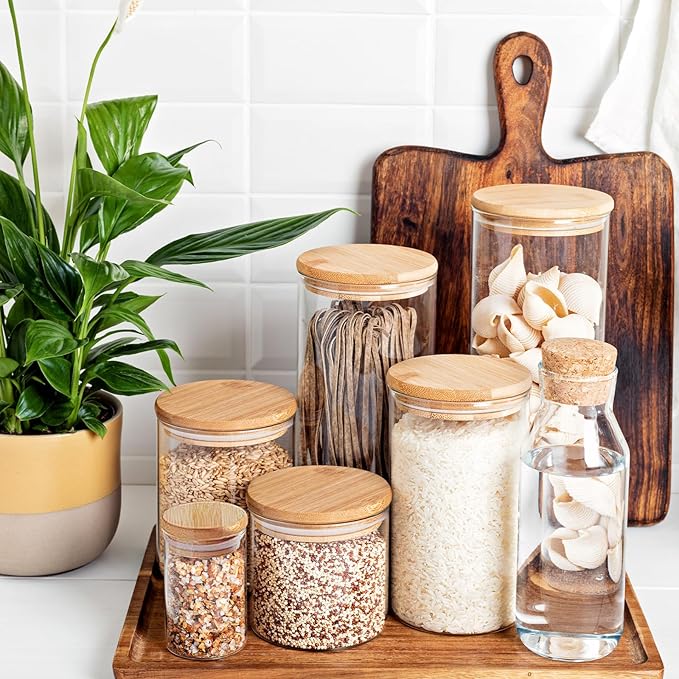 SHOWIN 53oz Glass Food Storage Jars, Glass Jars with Bamboo Lids, Kitchen Storage Jars, Set of 4, Canisters with Airtight Lids for Spice, Coffee, Cookie, Pantry Organizers