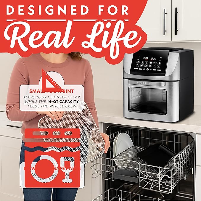 Gourmia Air Fryer - 14 Qt All-in-One Rotisserie Oven with Digital Display, 12 Presets, Roast, Bake, Broil, Dehydrate, Dishwasher Safe Accessories, Stainless Steel