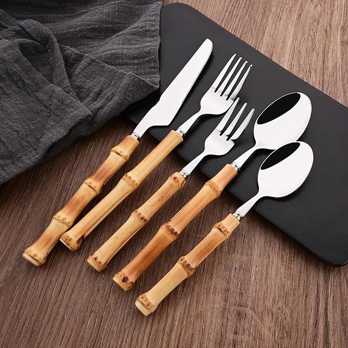 Dessert Spoon Set with Bamboo Handle, 8-Piece Stainless Steel Shiny Silver Dessert Spoon, Natural Bamboo Cutlery, Creative Design Small Spoons for Home Restaurant, 6.65 inch, Handcrafted