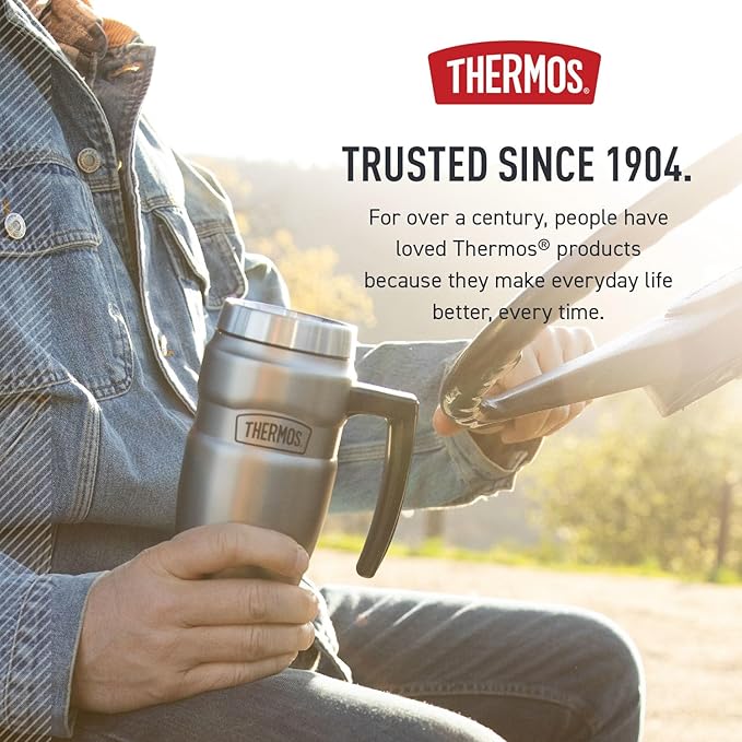 THERMOS Stainless King Vacuum-Insulated Travel Mug with Handle - 16oz, Rustic Red - Thermos Tumbler for Hot & Cold Drinks - Leak-Proof & Sweat-Proof Stainless Steel Coffee Mug with Lid for Commuting
