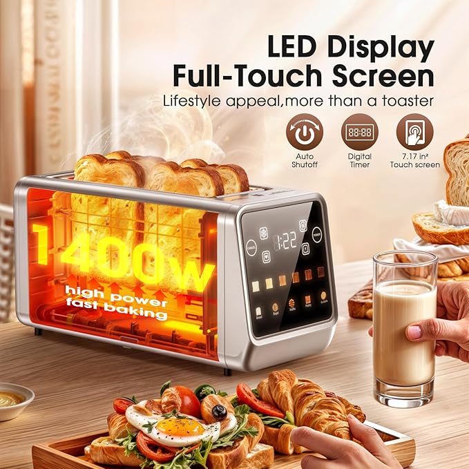Toaster 4 Slice Long Slot with Digital Touchscreen & 1-Touch Memory for Family | Stainless Steel for Bagels & Artisan Bread | Defrost Reheat & Single-Slice Modes