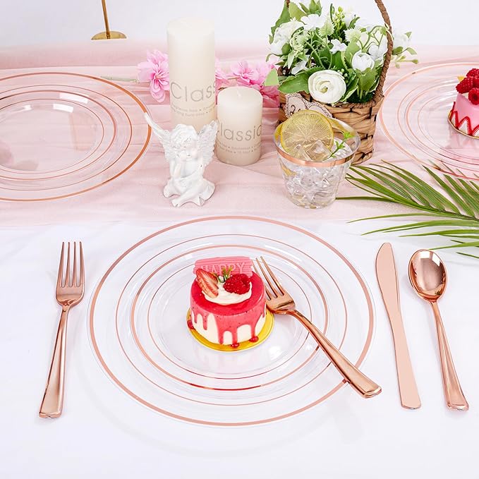 bUCLA 300PCS Clear Rose Gold Plastic Dinnerware - Rose Gold Disposable Dinnerware Set Include 50 Dinner Plates,50 Dessert Plates,50 Knives,50 Forks,50 Spoons,50 Cups for Party, Wedding & Mother’s Day