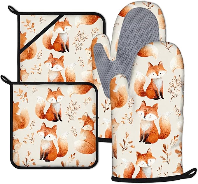 Cute Fox Oven Mitts and Pot Holders Sets 4Pcs Silicone Non-Slip Mitts Heat Resistant Gloves Hot Pads for Kitchen Cooking Baking Grilling BBQ