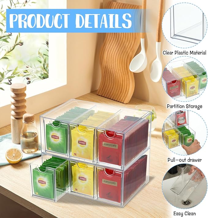 6 Drawers Tea Bag Organizer, Clear Acrylic Tea Bag Storage Organizer, Stackable Tea Packet Drawers Holder for Cabinet, Pantry, Kitchen, Countertop