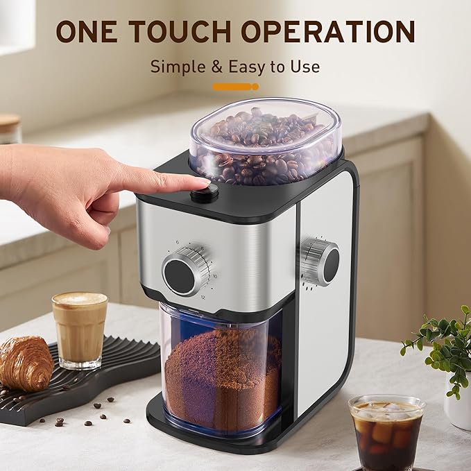 Ollygrin Flat Burr Coffee Grinder Electric, Adjustable Coffee Grinder for Home Use, Compact Coffee Beans Grinder with 14 Grind Settings, 2-12 Cups for Home & Office