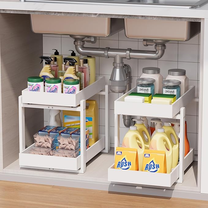 Bamboo Wood Under Sink Organizer 2 Pack, Pull Out Cabinet Organizer 2 Tier Under Sink Organizers and Storage with Sliding Drawer Sturdy Easy Assembly for Kitchen Bathroom (White)