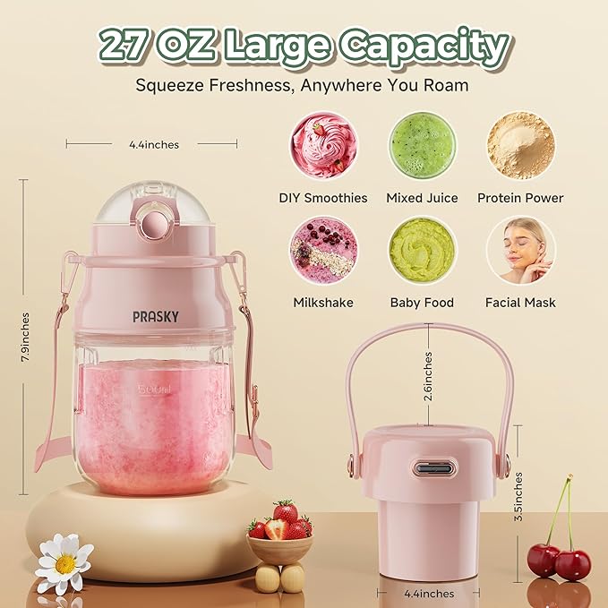 Portable Blender, Prasky Personal Blenders for Shakes and Smoothies with 27oz Cup, Lid and Shoulder Strap, Type-C USB Rechargeable, Personal Size Blenders BPA-free for Travel/Kitchen (Light Pink)