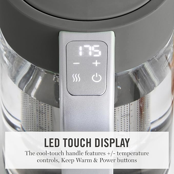 Martha Stewart  Electric  Kettle with Removable Stainless Steel Tea Infuser, Glass Carafe 1.7L (7 Cups), Hot Water Boiler, 4 Presets, Keep Warm & Auto Shut-Off, Cordless 360° Swivel Base, Caviar Gray