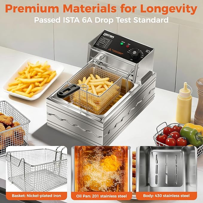 OSTBA Electric Deep Fryer with Basket, 10.36QT Countertop Fryer, 1600W Stainless Steel Commercial Deep Fryer with Adjustable Temperature 140–390℉, Removable Basket & Oil Tank