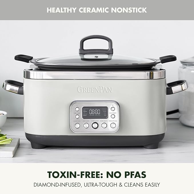 GreenPan Elite 14-in-1 Nonstick 6QT Electric Slow Cooker, PFAS-Free Ceramic Multi-Cooker, In-Pot Browning, Dishwasher Safe Lid & Removable Crock, Stainless Steel Steamer, Silicone Handles, White