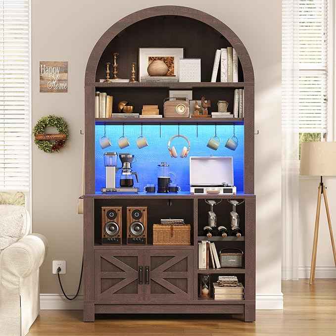Itaar 73" Tall Arched Bakers Rack with Power Outlet and LED Light, Farmhouse Coffee Bar Cabinet, Kitchen Microwave Stand with Storage for Kitchen, Dining Room, Living Room, Brown