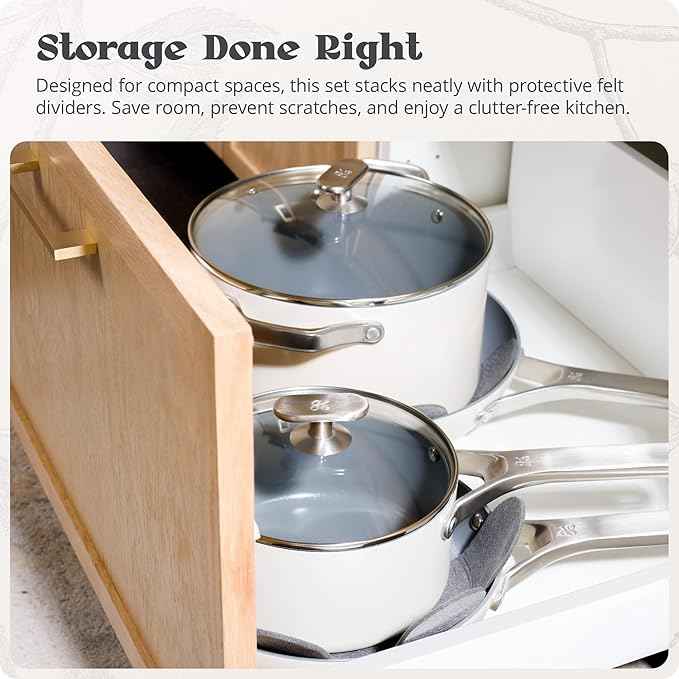 Premium Non-Toxic Ceramic Cookware Set – Triple-Layer Nonstick 12 Piece Pots and Pans with Lids, PFAS-Free, Oven Safe for Healthy Meals, Space-Saving Design, Birch White Color | Greater Goods