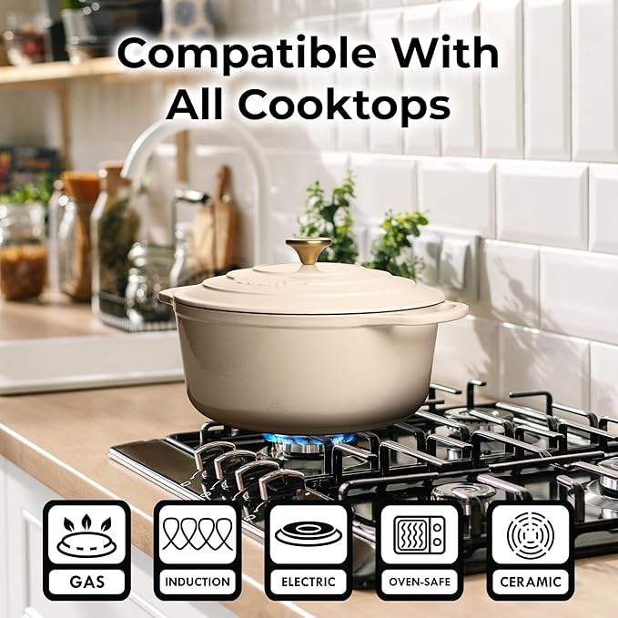 Zulay Kitchen 6 Quart Enameled Cast Iron Dutch Oven Pot with Lid – Premium Durability & Oven Safe up to 500°F – Heavy Duty Cookware Perfect for Bread Baking, Stews, Braising & Roasting - Ivory