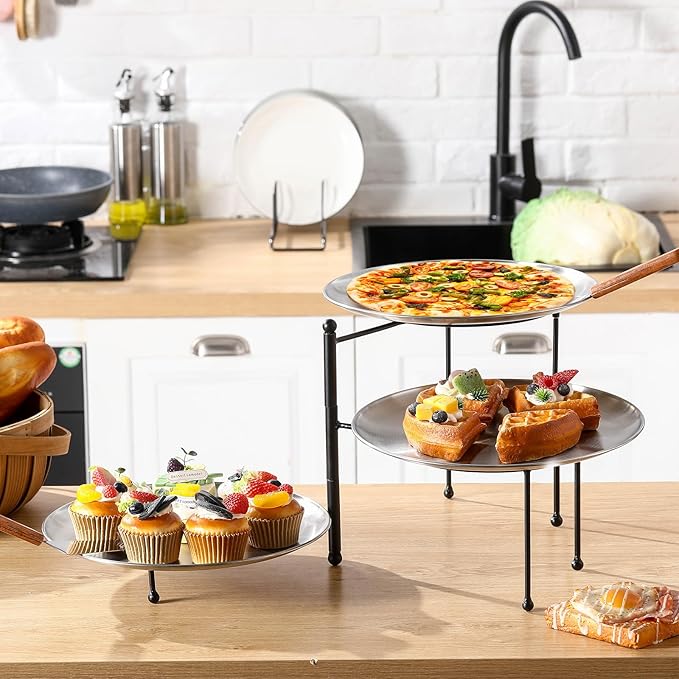 Teenyyou 7 Pcs Pizza Pan Riser Stands Sets Includes 1 Pcs Tiered Tray Stand 3 Stainless Steel Pizza Pan and 3 Wood Handle Knife for Home, Restaurant Party