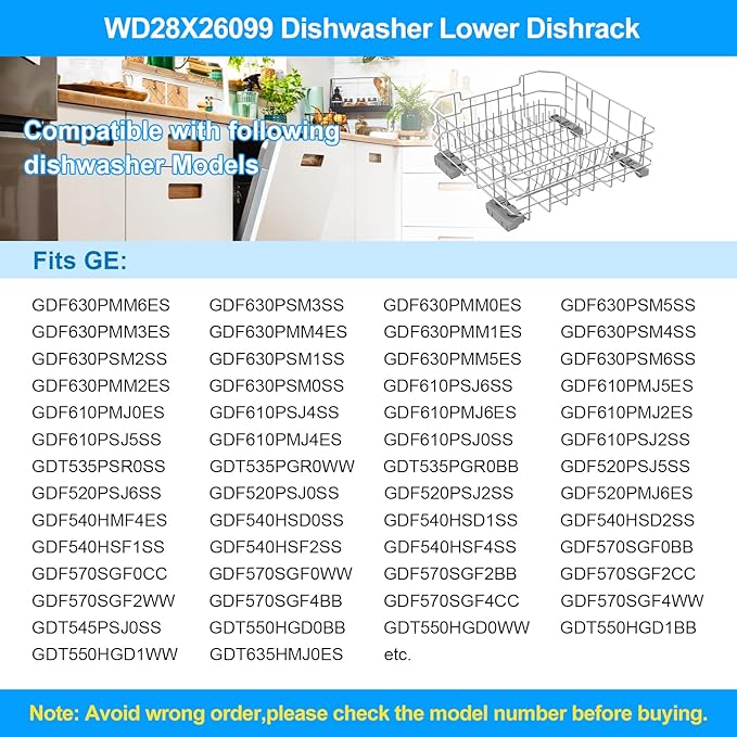 UPGRADED WD28X26099 Dishwasher Lower Rack Compatible with GE Dishwasher Rack Replacement Parts with Wheel,WD28X26099 WD28X34744 304 Stainless Steel GE Dishwasher Lower Rack Part and Silverware Basket