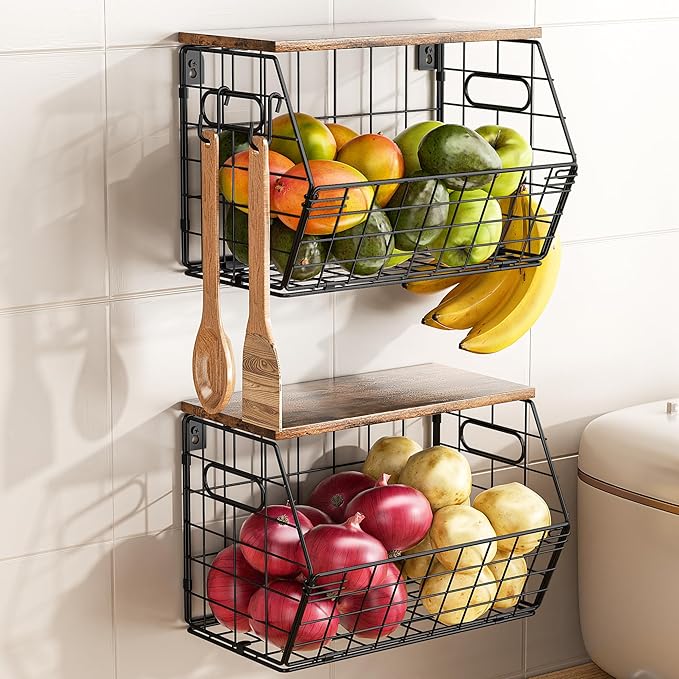 Delamu Stackable Metal Fruit Basket with Wood Lid 2 Pack, Hanging Wall Organizer for Kitchen Counter, Pantry Storage for Onions, Potatoes, Garlic, Fruits, Spices, Black