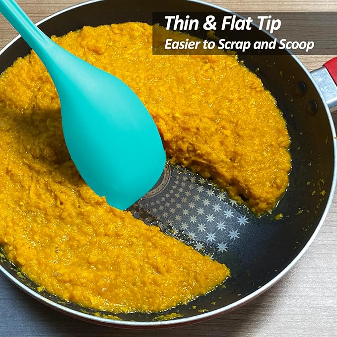 2 Pack Large Silicone Cooking Spoons set, Non-Stick Slotted/Solid Spoon set with Deep Bolw& Measurement Mark for Mixing, Serving, Draining, Scooping, Scraping, Heat Resistant Kitchen Utensils,Teal