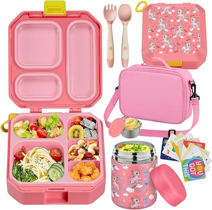 wiwens Bento Lunch Box for Kids with 12oz Soup Thermo Leak-Proof Lunch Food Container with 5 Compartment Thermo Hot Food Jar and Insulated Lunch Bag for Kid Toddler Girls Boys to School