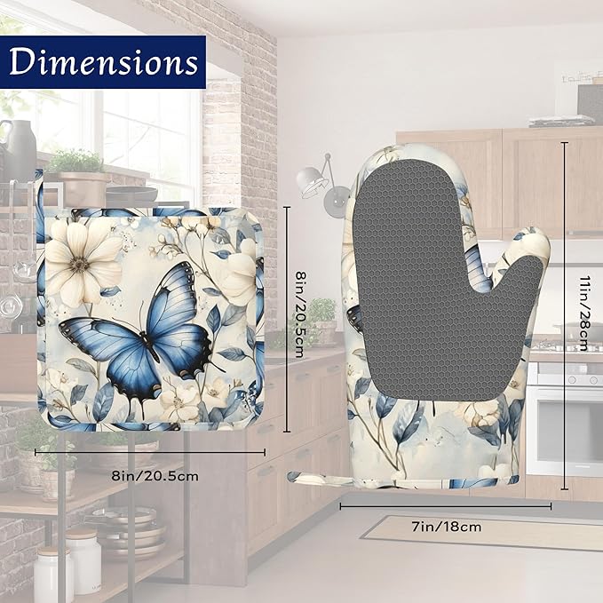 Oven Mitts and Pot Holders Sets Blue Butterfly Silicone Kitchen Mits Potholders Spring Floral Heat Resistant 4Pcs Oven Gloves Hot Pads for Baking Cooking BBQ Grilling Home Decor