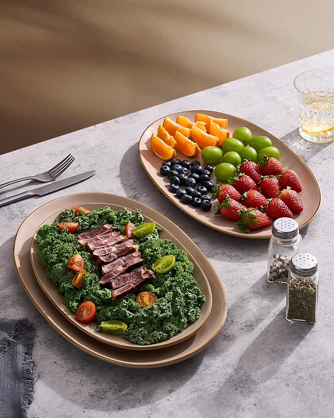famiware Serving Platter, Oval 15.59/14.3/12.9 inch Serving Dishes for Entertaining, Serving Bowls, Microwave Safe, Stonware Serving Trays for Party, Turkey, Cheese, Ocean Series, Cinnamon Brown