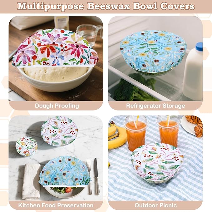 5-Size Reusable Beeswax Bowl Covers for Bread Proofing, Cotton Cloth Flexible Beeswax Wraps for Food Storage(Rainbow Floral)