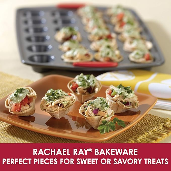 Rachael Ray 47960 24-Cup Oven Lovin’ Mini Steel Muffin Pan, Gray with Red Grips