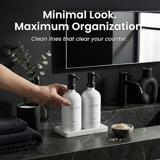 MaisoNovo Bathroom Soap Dispenser Set- Soap and Lotion Dispenser Set with White Soap Dispenser, Black Pumps & Ceramic Tray