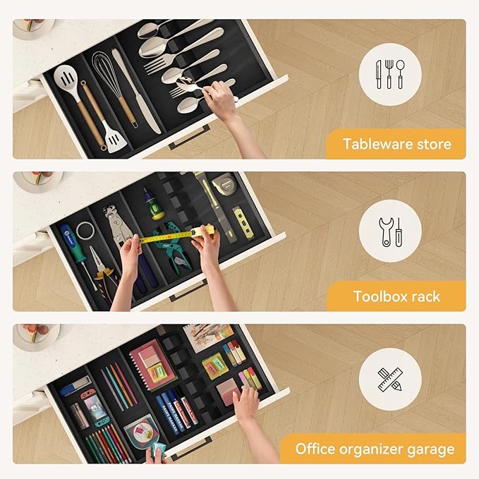 Yofidra Pure Bamboo Silverware Drawer Organizer: 16.5 Inch Large Silverware Utensil Tray Holder, 3-Compartment with 6 Card Slots Kitchen Flatware Organizer Home Essentials, 2024 New Upgrade