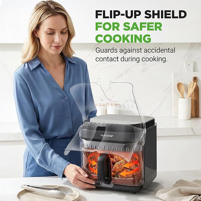 NutriChef 5.8 Quart Air Fryer | Glass Airfryer with 8-in-1 Digital Presets | Stainless Steel Fryer Design | Glass Fry Bowl with Flip-Up Safety Shield | Compact Air-Fryer for Even Cooking | Black
