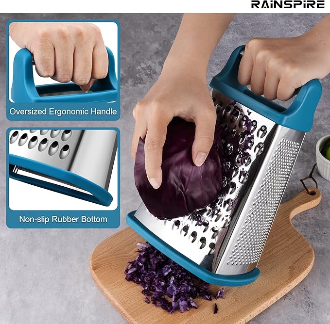 Rainspire Professional Box Grater, Cheese Grater Box for Kitchen Stainless Steel with 4 Sides, Cheese and Spice Graters with Handle for Vegetables, Ginger, Potatoes, Blue