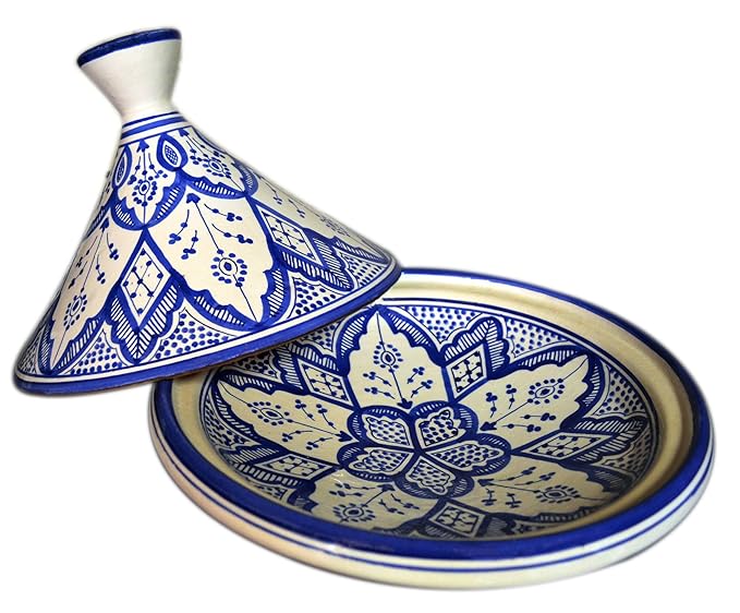 Moroccan Handmade Serving Tagine Exquisite Ceramic With Vivid colors Traditional 12 inches Across XLarge Fes White & Blue