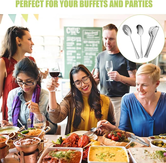 Sabary 36 Pcs Stainless Steel Serving Utensils for Buffet Parties Including 12 Serving Spoons 12 Slotted Spoons 12 Serving Tongs Large Metal Flatware Set for Tanksgiving Catering Banquet(Silver)