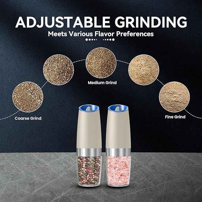 Gravity Electric Salt and Pepper Grinder set of 2, Automatic Salt And Pepper Grinder Set, Adjustable Roughness, Battery Powered, LED Light, 2 Pack, (Khaki)
