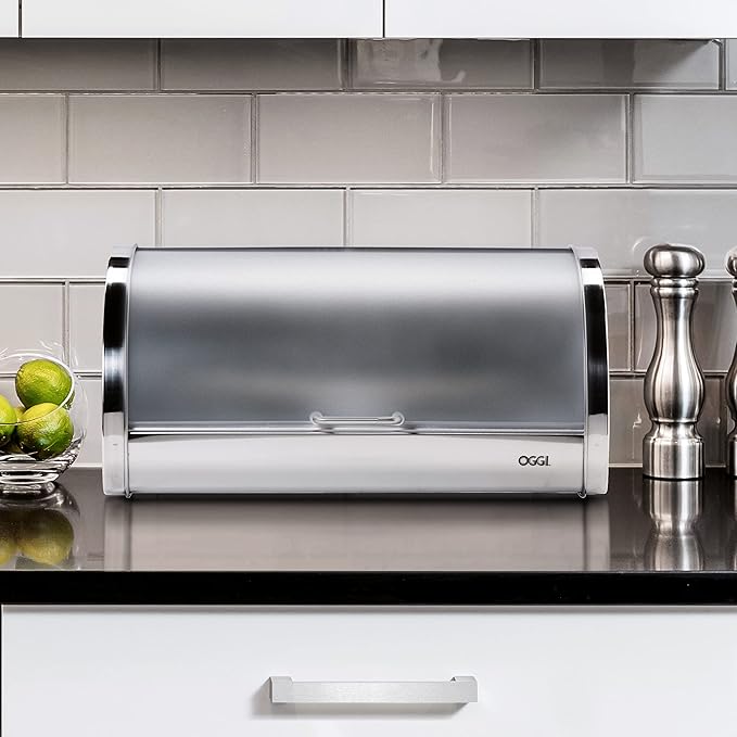 Oggi Stainless Steel Roll Top Bread Box for Kitchen Countertop with Frosted Plexilass Lid - Fits Multiple Loaves of Bread and Other Freshly Baked Goods Including Cookies, Bagels, Muffins