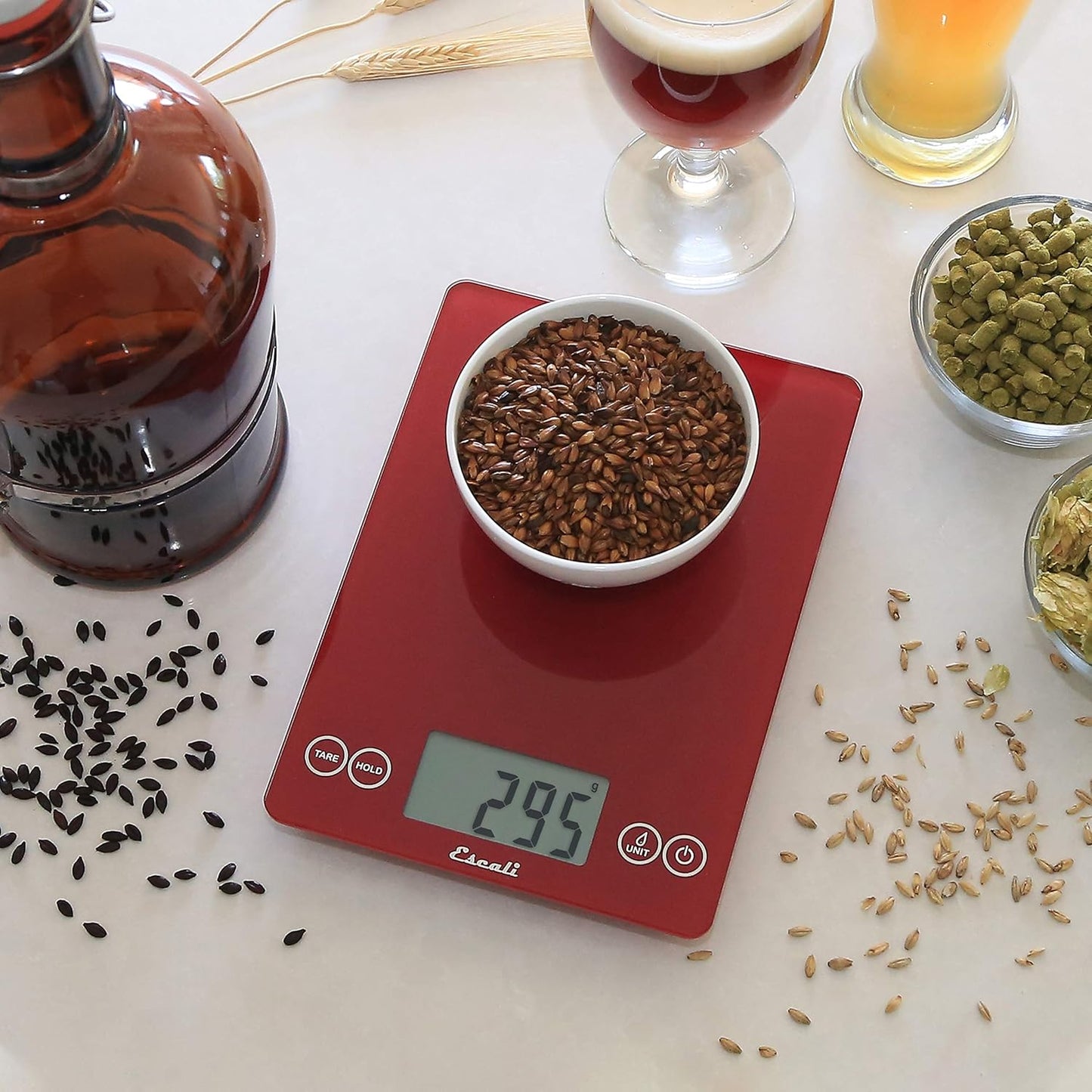 Escali Arti Glass Food Scale Digital Countertop Kitchen, Baking and Cooking Scale with Nutrition and Calorie Counter, 15-Pound Capacity, 9" x 6.5" x .75", Rio Red