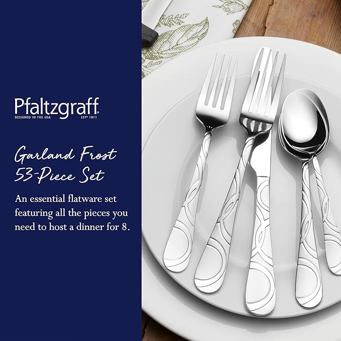 Pfaltzgraff Garland Frost Silverware Set 53-Piece, 18/0 Stainless Steel Flatware Set Service for 8 with Hostess Serving Utensils, Dishwasher Safe Cutlery Set
