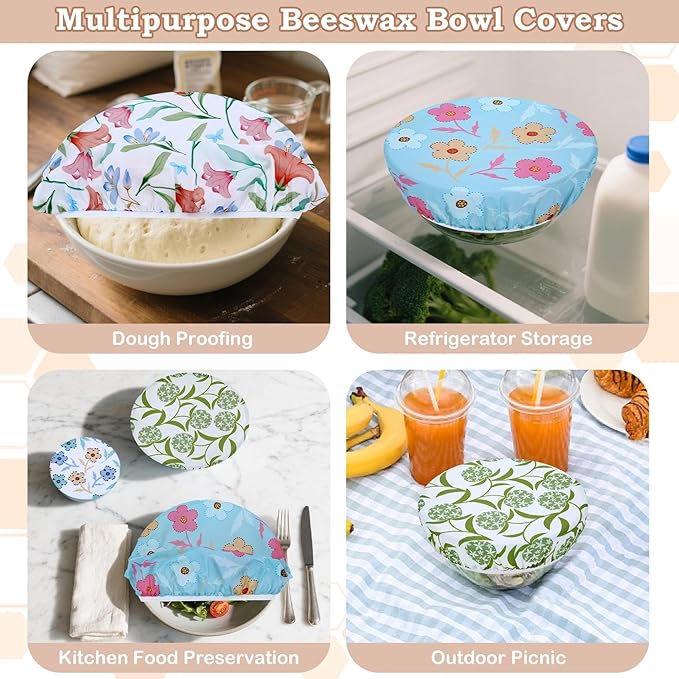 5-Size Reusable Beeswax Bowl Covers for Bread Proofing, Cotton Cloth Flexible Beeswax Wraps for Food Storage(Bellflower)