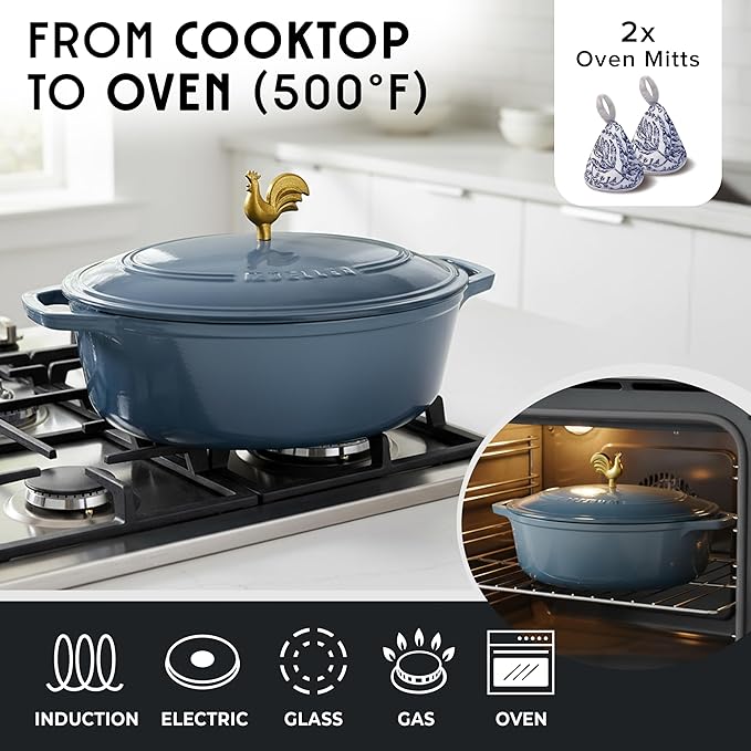 MUELLER HOME 5.5 Quart Enameled Cast Iron Oval Dutch Oven w Rooster Knob & Cotton Potholders, Heavy-Duty Cookware, Oven-Safe up to 500° F & Across All Cooktops, Gifts for Grandma & Women, Mineral Blue