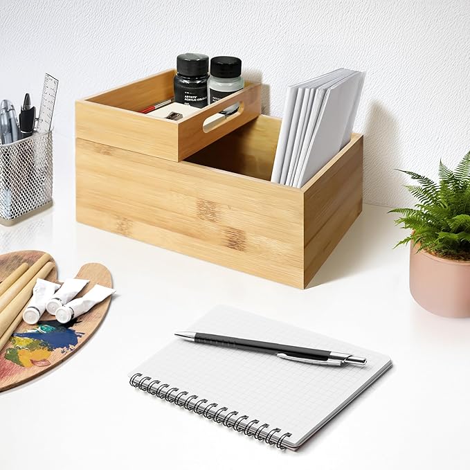 HOMESTEAD 3-Piece Stackable Bamboo Storage Box, Office Desk Organizer, Wooden Boxes for Makeup Drawer Organizer Bathroom, Office Supplies, Kitchen Utensils, Bamboo Storage Containers, Jewelry Tray