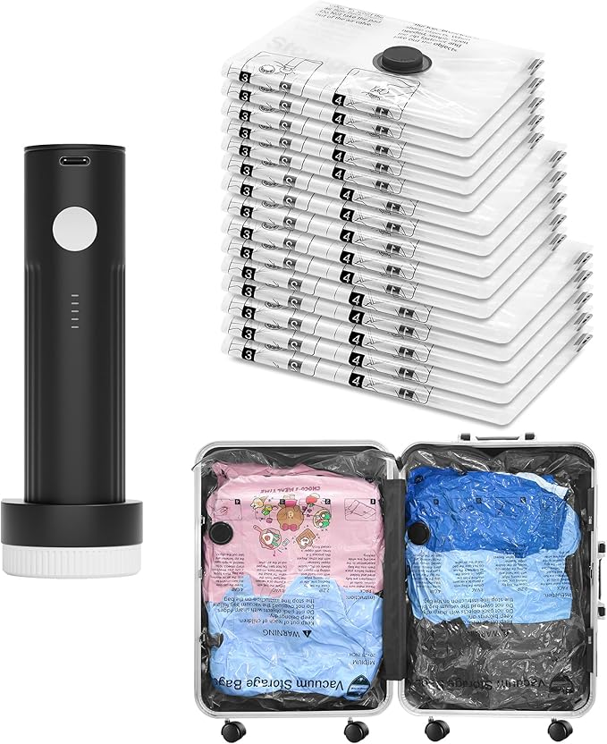 SUOCO Travel Vacuum Bags for Luggage with Portable Electric Pump, 15 Combo (5L/5M/5S) Packing Seal Bags for Clothing Suitcase Backpack, Space Saver Compression Clothes Storage Bags