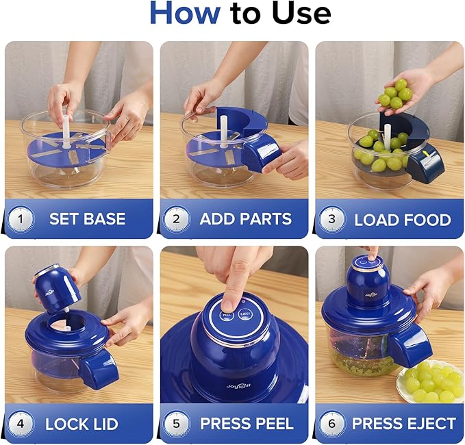 JOYHILL Electric Grape Peeling Machine, Automatic Fruit and Garlic Peeler for Grape Tomato Cherry, 50W Motor with Stainless Steel Blades, Rechargeable Cordless Kitchen Peeling Tool (Blue-1PC)