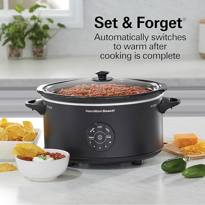 Hamilton Beach 7 Quart Set & Forget Portable Programmable Slow Cooker, 15 Cooking Options With 5 Time and 3 Heat Options, Large Dishwasher Safe Stoneware Crock and Glass, Lid Latch, Black (33670)