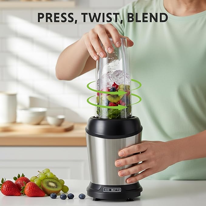 Simple Deluxe Personal Smoothie Blender, 800W Blenders for Shakes and Smoothies with 3 BPA-Free Portable Cups Countertop Blenders for Ice Crushing, Frozen Drinks, Milkshake, Juice, Silver