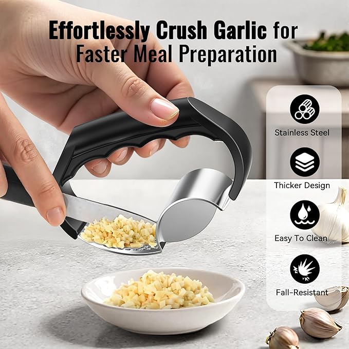 Garlic Press Rocker - Stainless Steel Garlic Crusher, 2-in-1 Easy Kitchen Gadget for Effortless Smashing